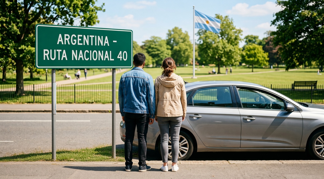Dos personas observando un automóvil usado estacionado cerca de un parque en Argentina
